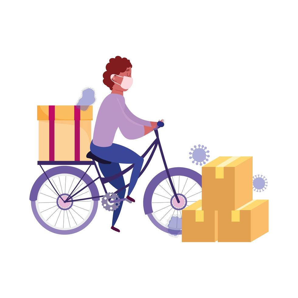 Courier man riding bike with cardboard boxes vector