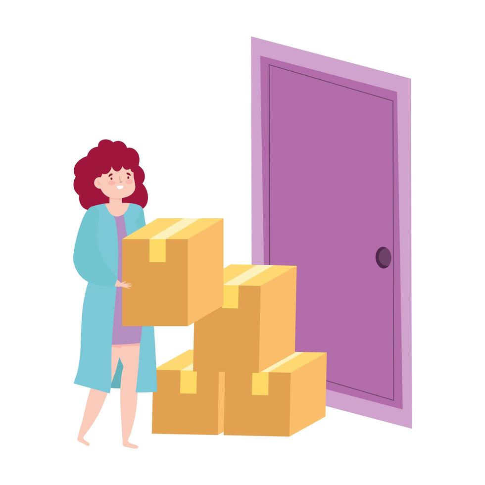 Woman with cardboard boxes at door vector