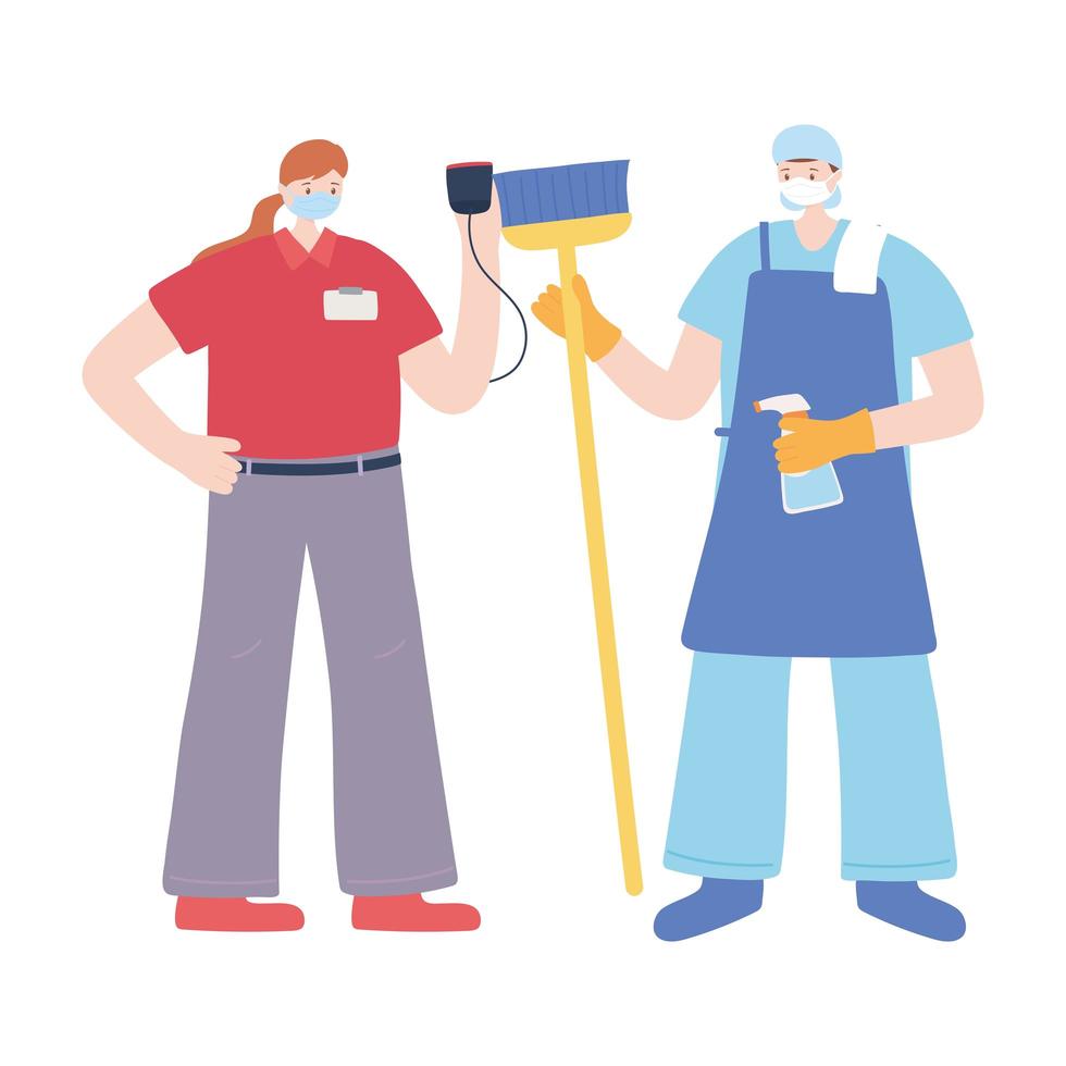 Cleaner man and delivery woman wearing face masks vector