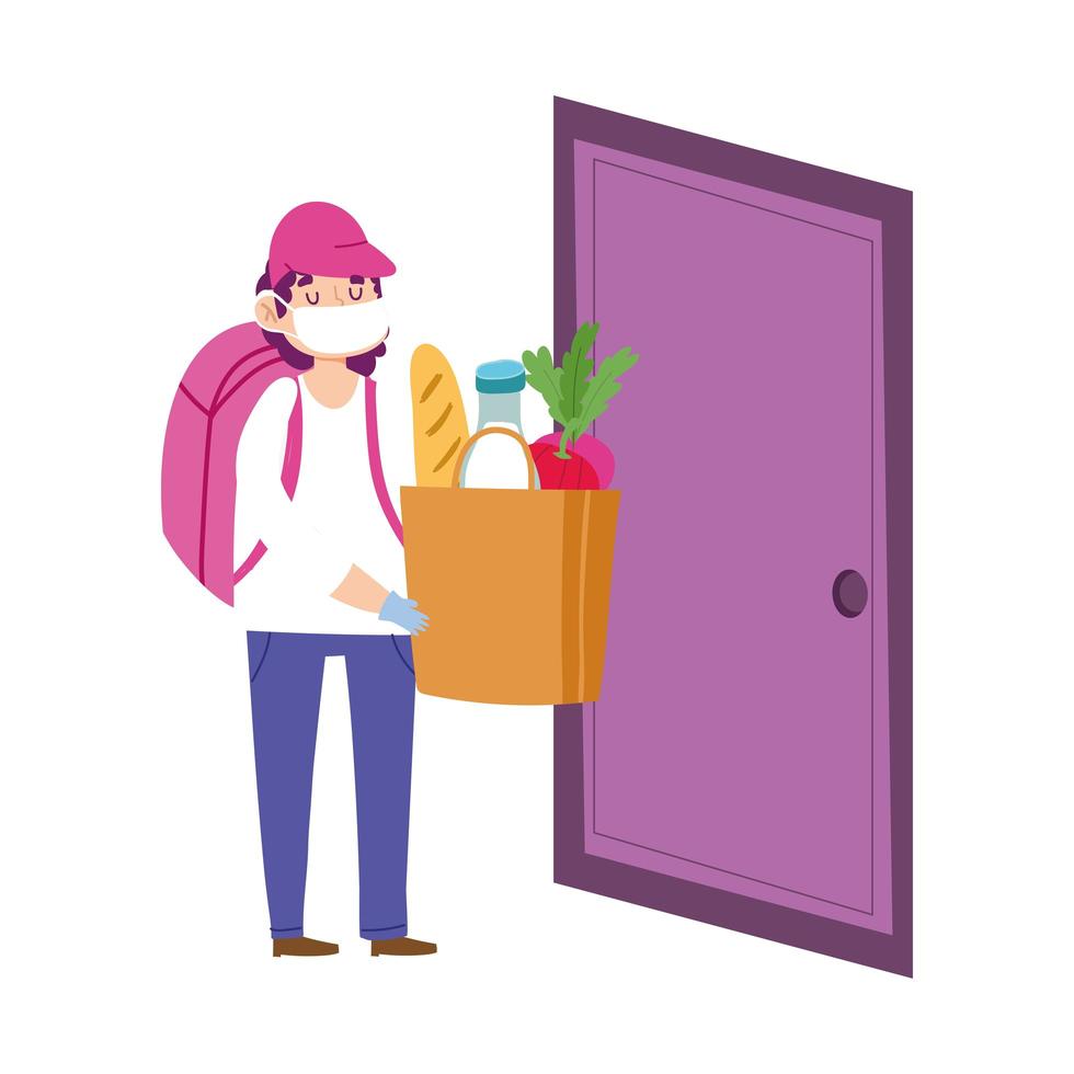 Masked courier with grocery bag at door vector