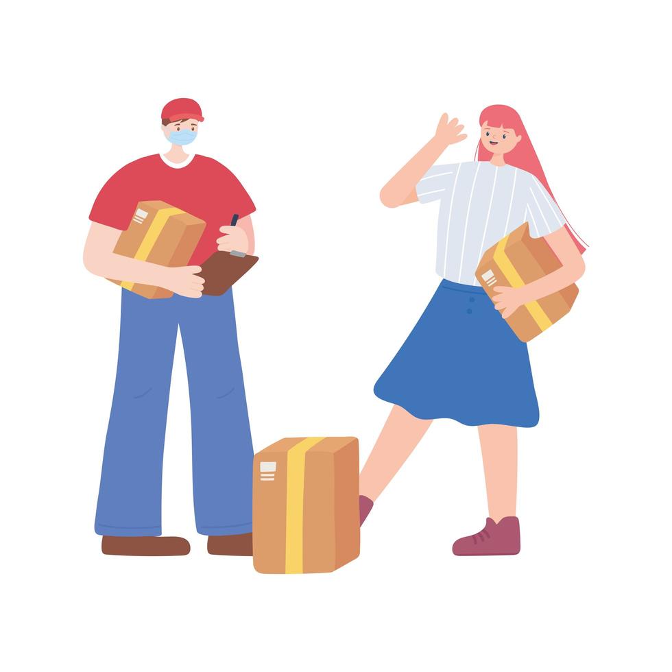 Masked delivery man and customer with boxes vector