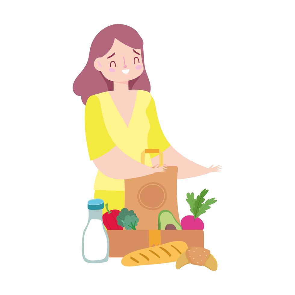 Customer woman with grocery bag and box of food vector