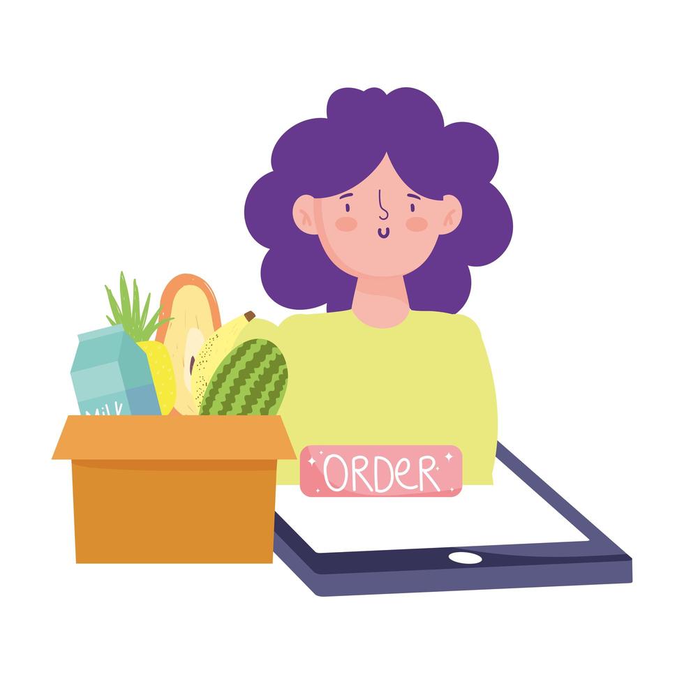 Woman with smartphone and food order in box vector