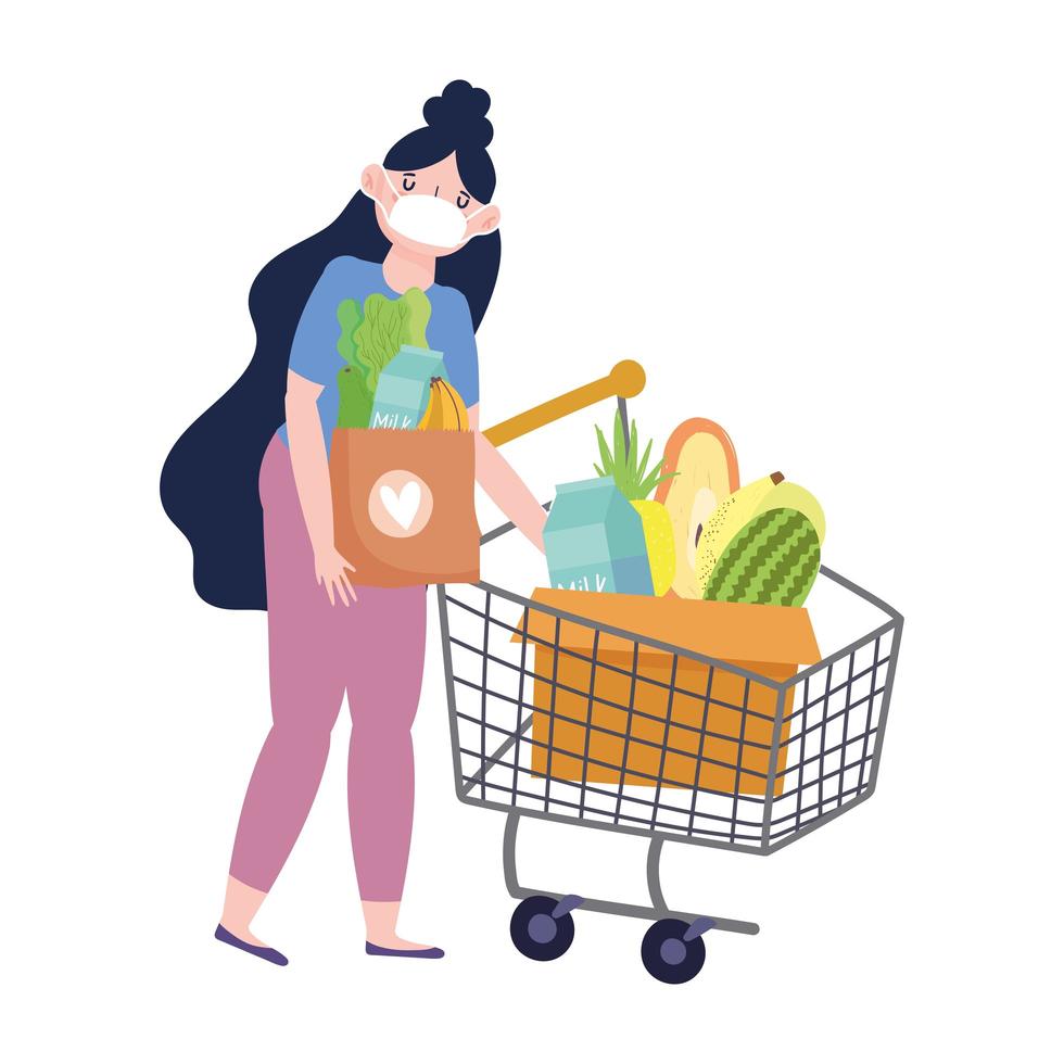 Woman with mask and shopping cart vector