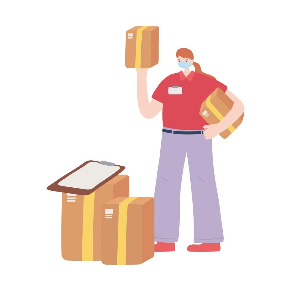 Delivery woman with boxes and clipboard wearing face mask vector