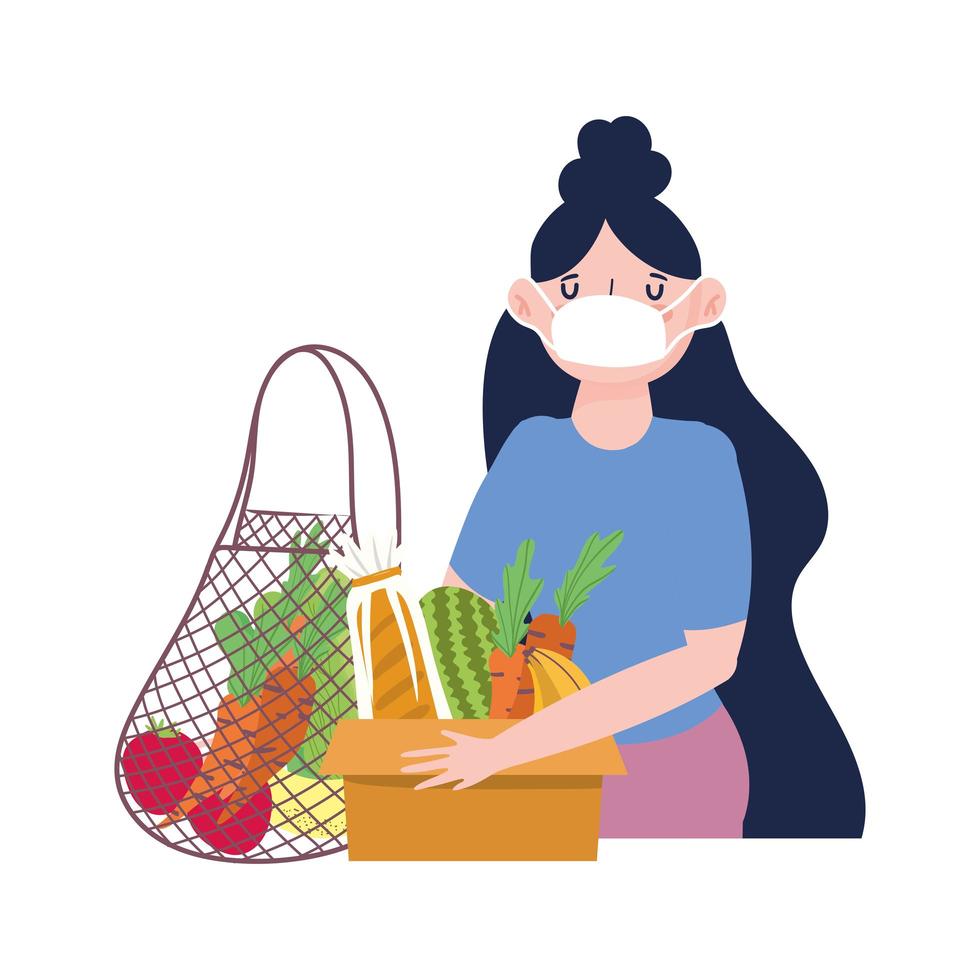 Woman with mask and eco friendly bag, box vector