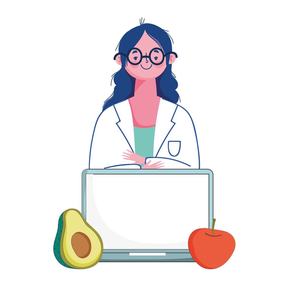 Dietitian with tomato, avocado and laptop vector