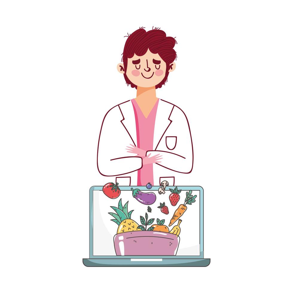 Dietitian showing fresh fruits and vegetables on laptop vector