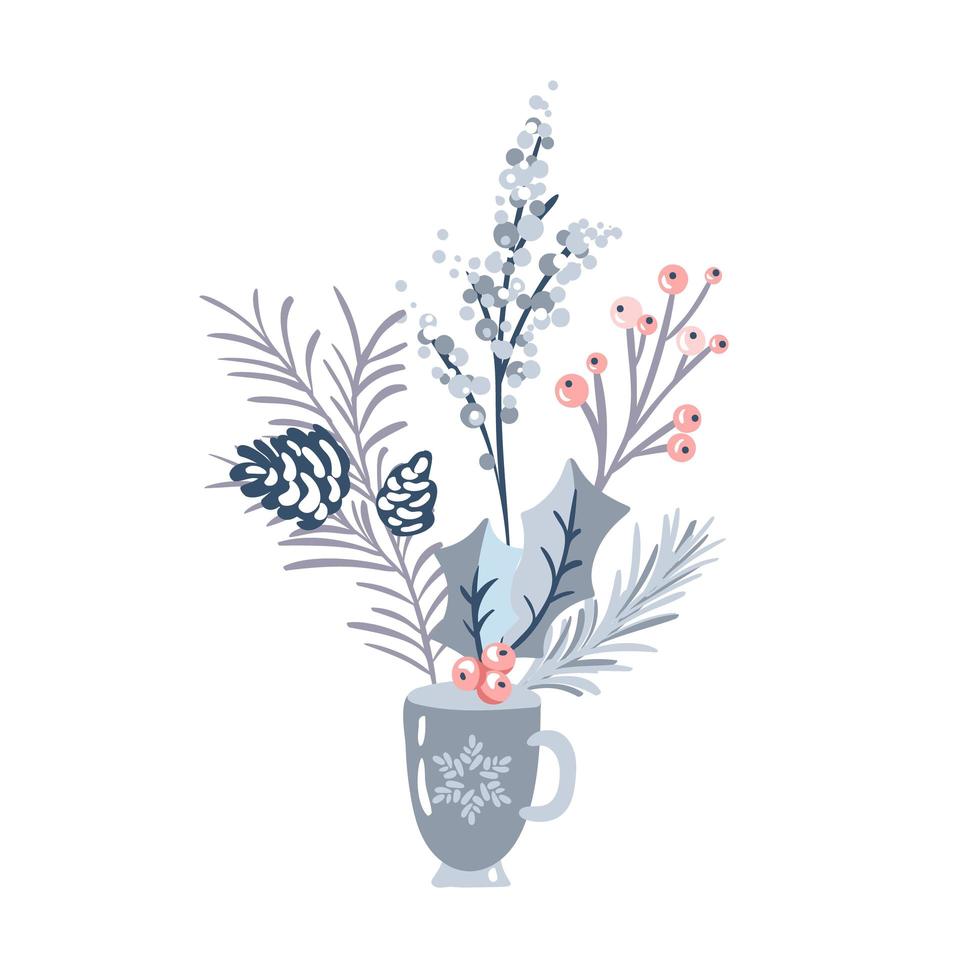 Winter bouquet of flowers and pine branches vector