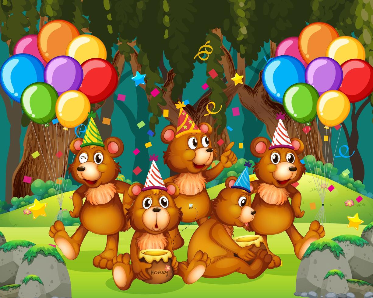 grupo de osos en tema de fiesta en el bosque vector