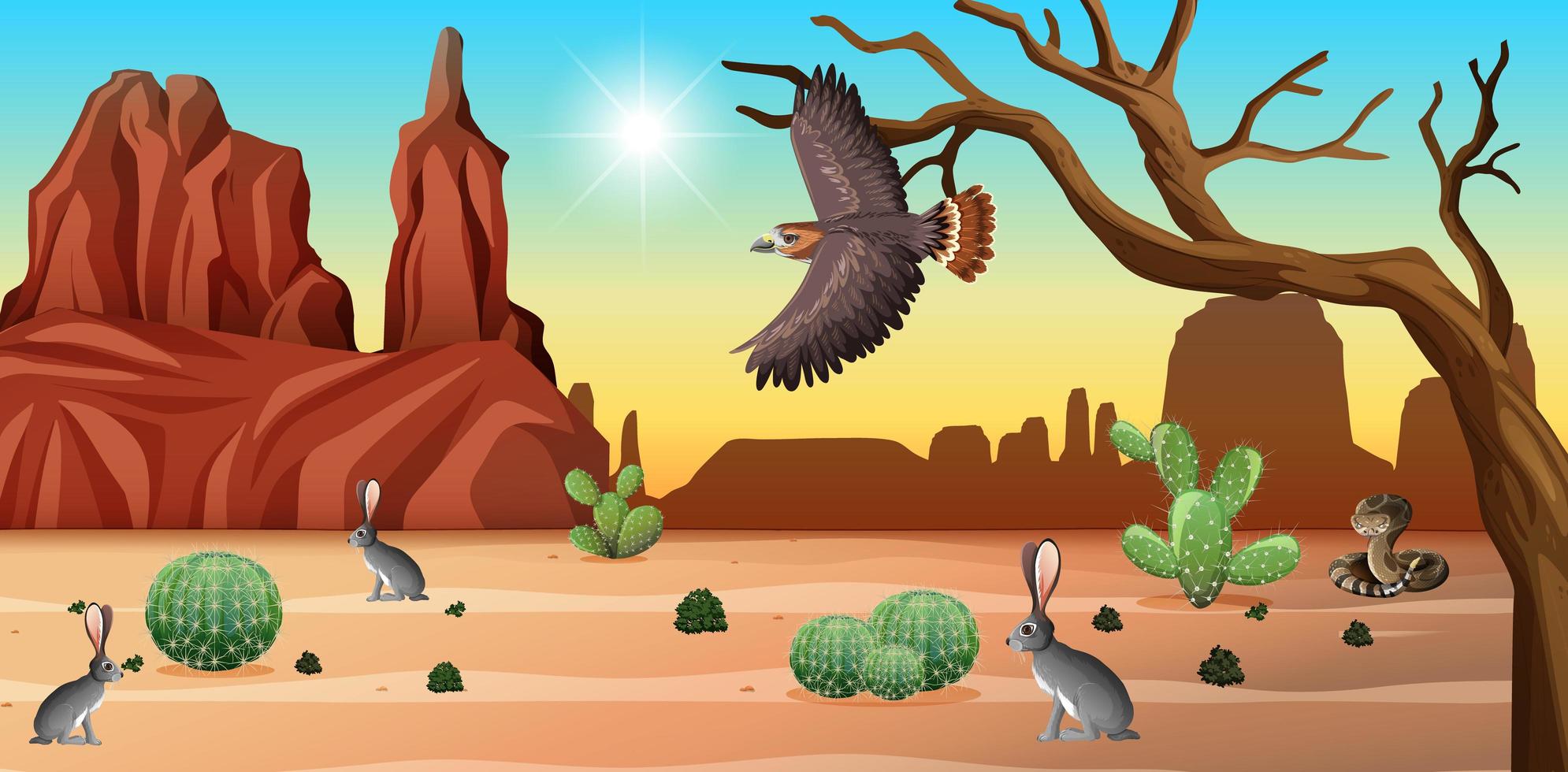 Escena del desierto con montañas y animales del desierto. vector