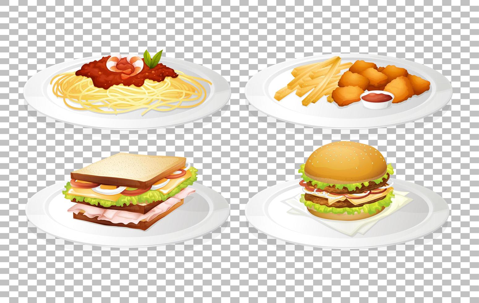 Set of food on plates vector