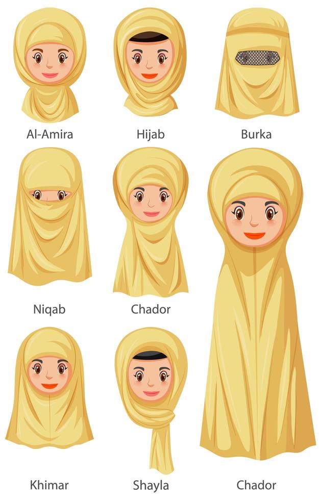 Types of Islamic traditional female veils vector