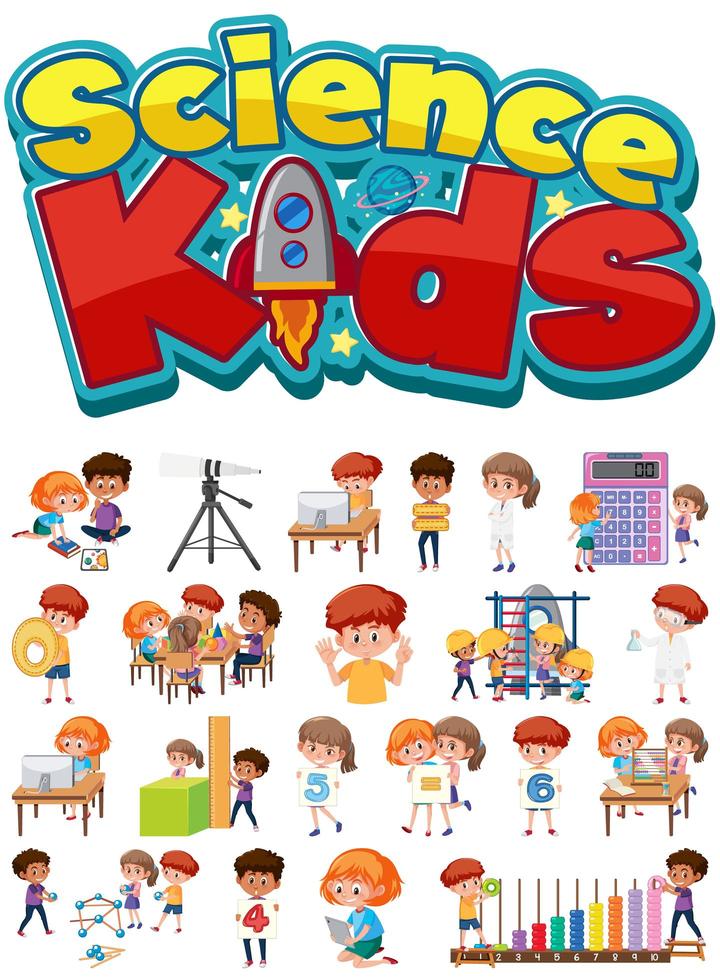 Science kids text and set of children vector