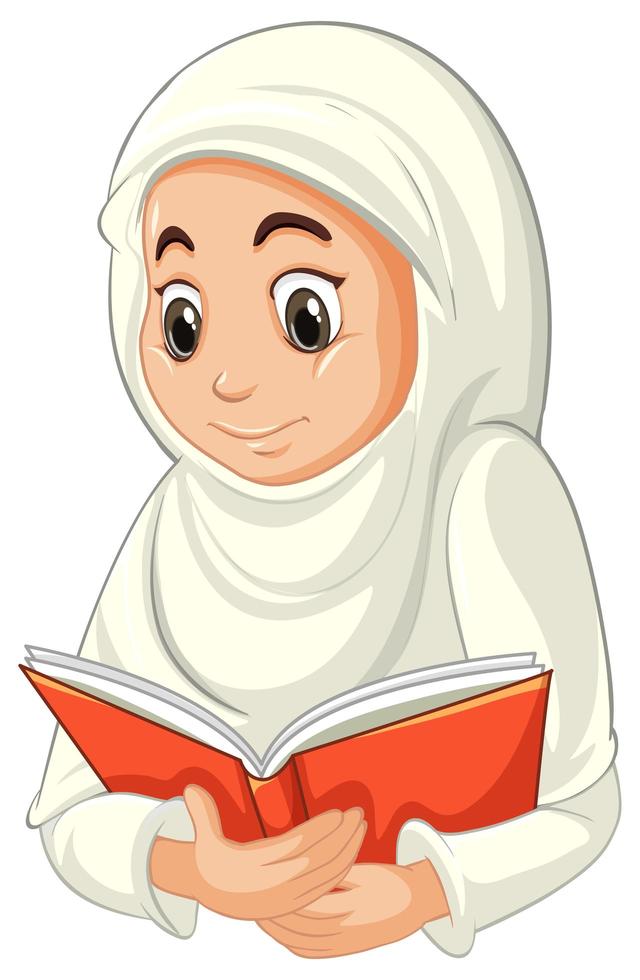 Mujer musulmana árabe en ropa tradicional libro de lectura vector