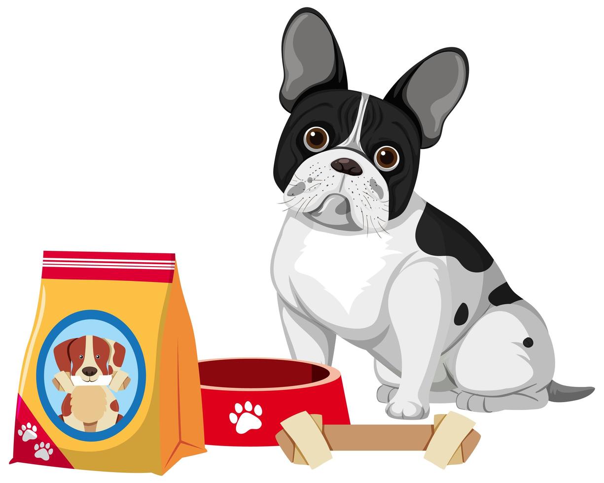 French bulldog with dog food and bone toy vector