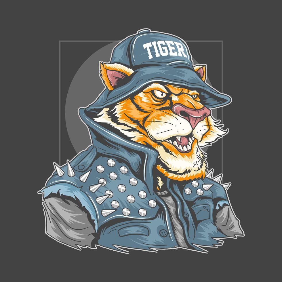 Tiger cartoon in denim rocker jacket and hat vector