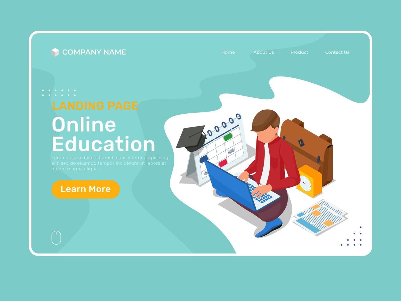 Online education landing page with isometric character studying vector