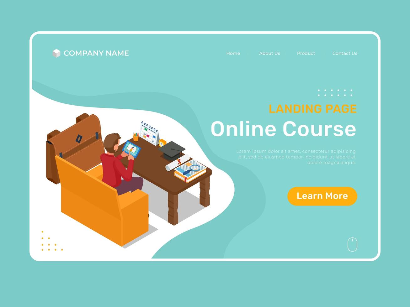 Isometric landing page with online course vector