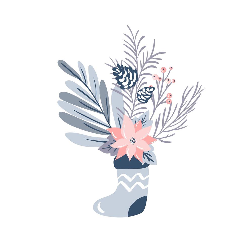 Bouquet pines and winter branches and flowers in stocking vector