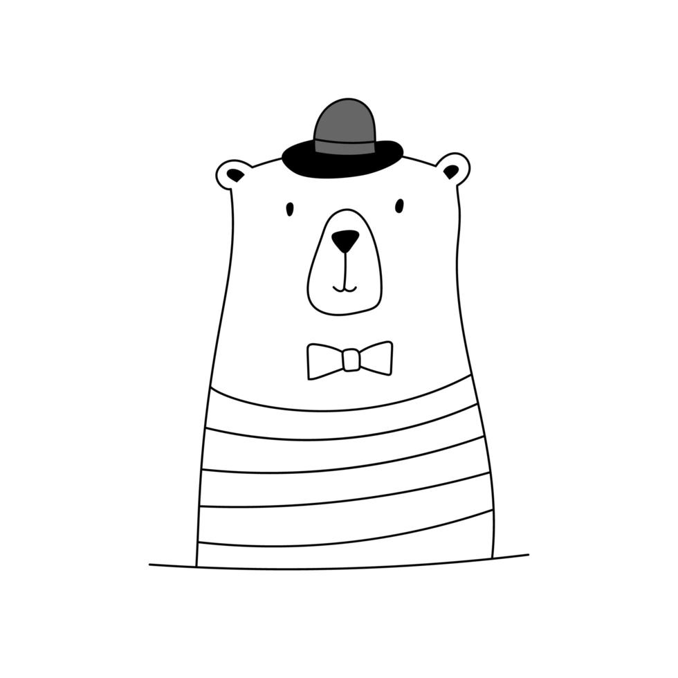 lindo oso doodle con sombrero y corbata vector