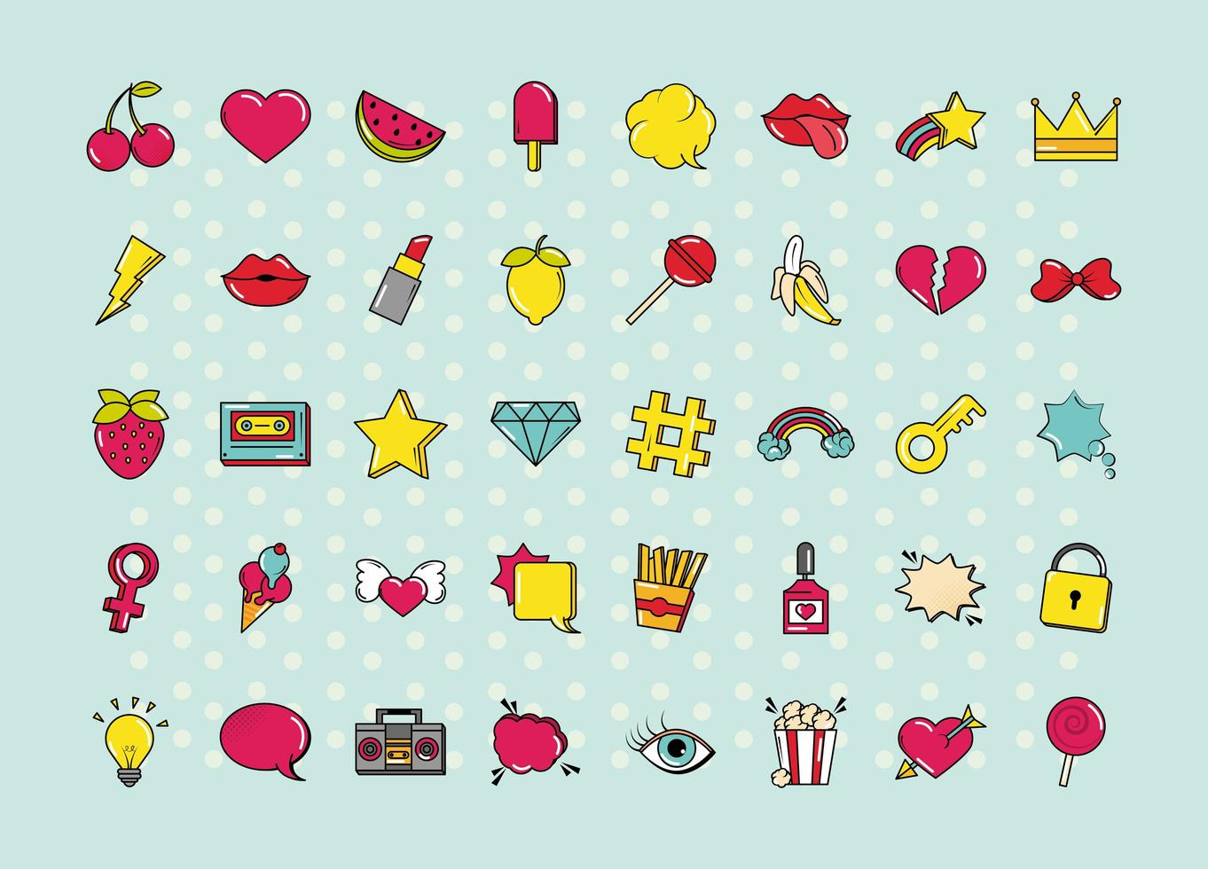 Various pop art, colorful icon set vector