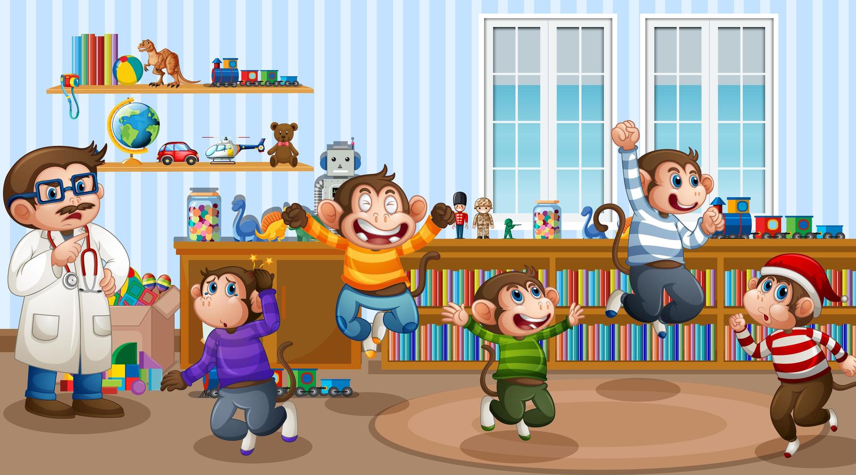 Five little monkeys jumping in the room scene vector