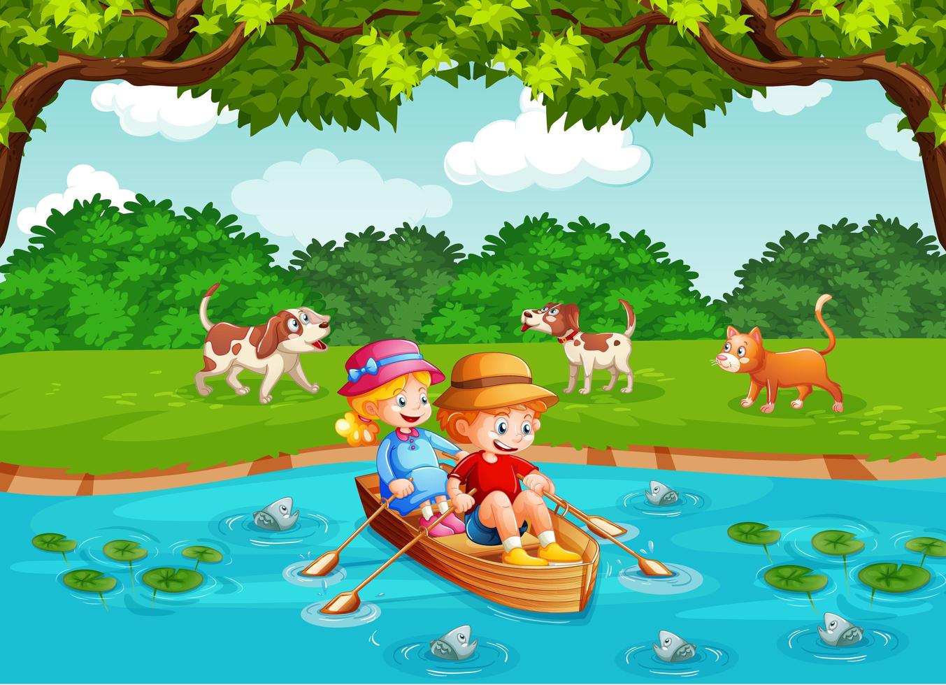 Children row the boat in the stream park vector