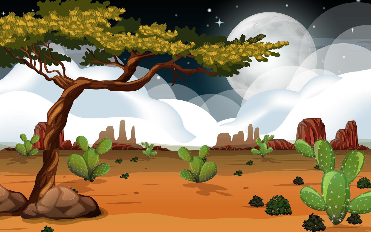 Wild desert landscape at night vector