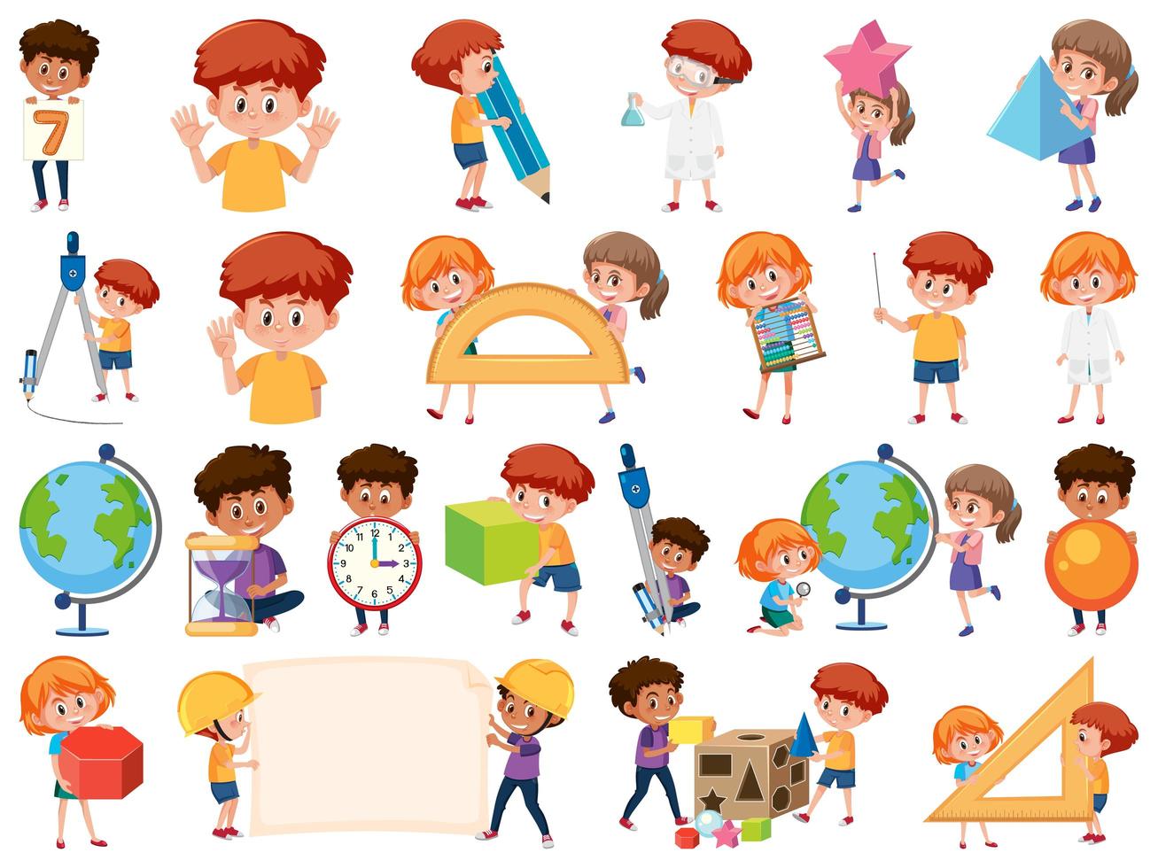 conjunto de niños con objetos educativos. vector