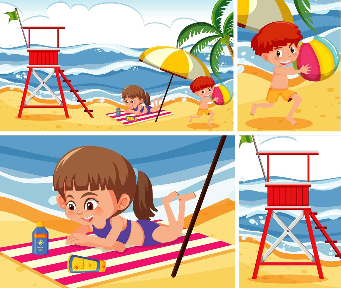 Children at the beach background set vector