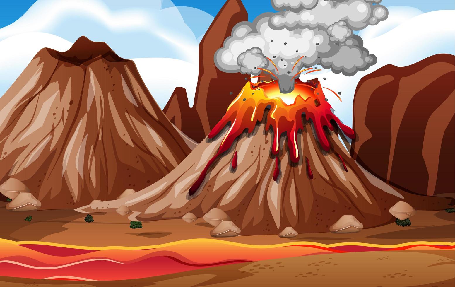 Volcano eruption in nature scene at daytime vector