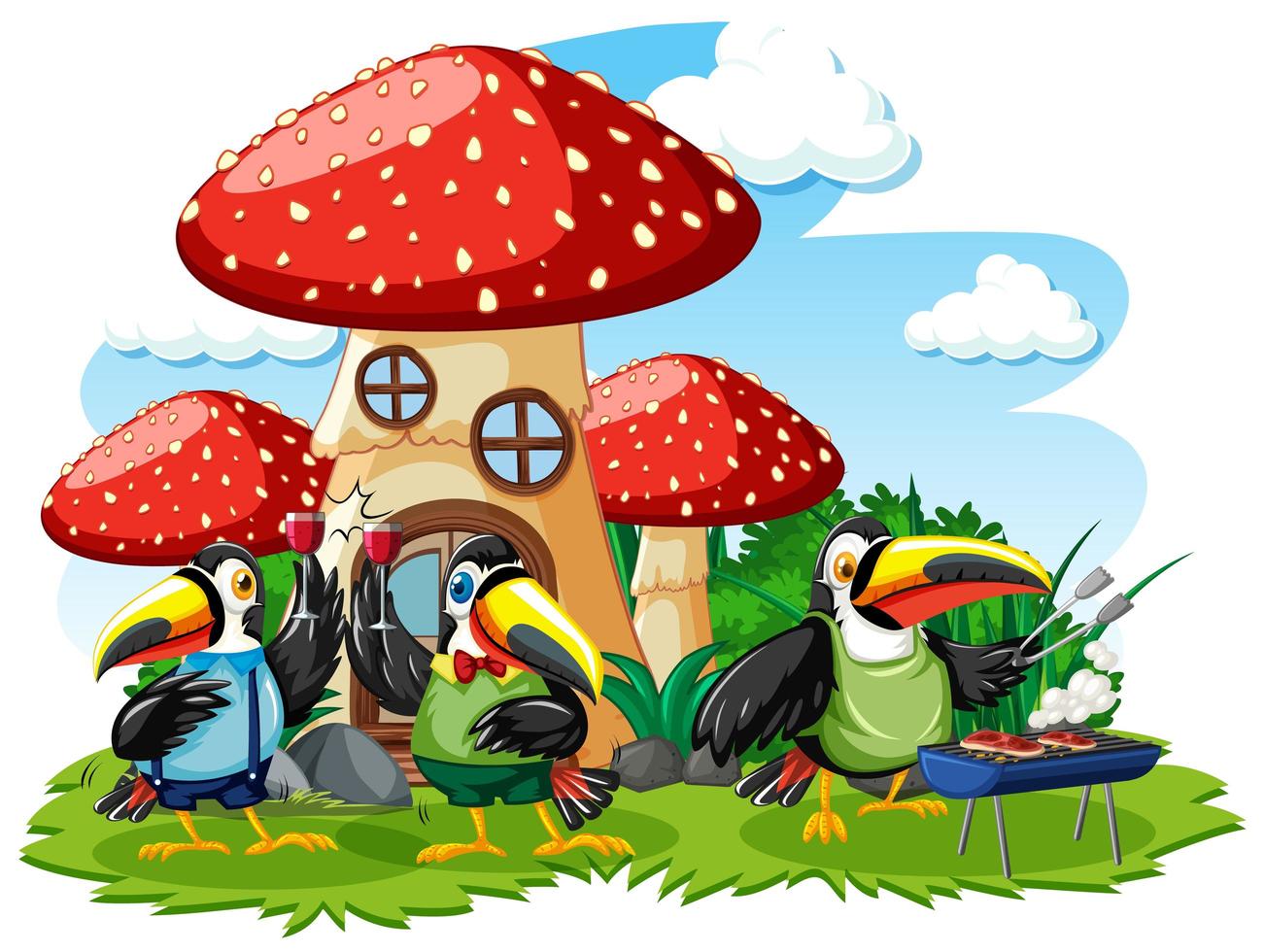 Mushroom house with three bird cartoon style vector