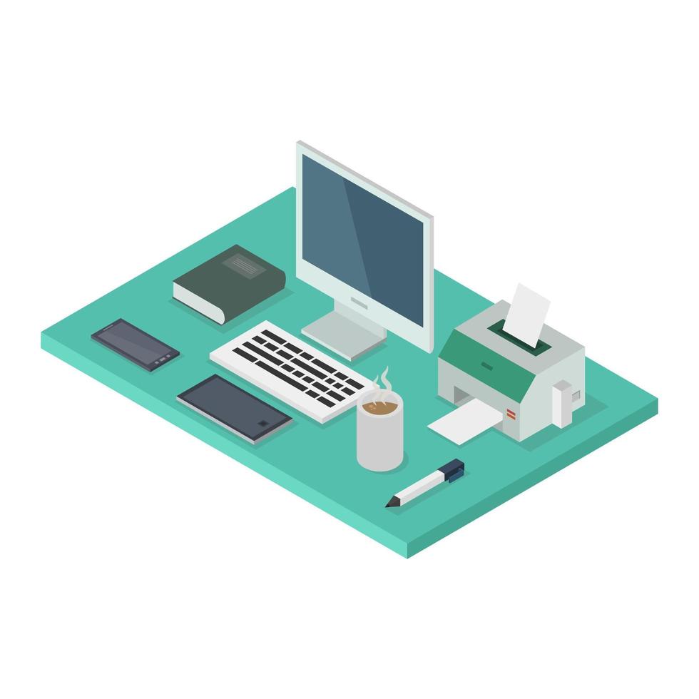 Isometric office desk on white vector