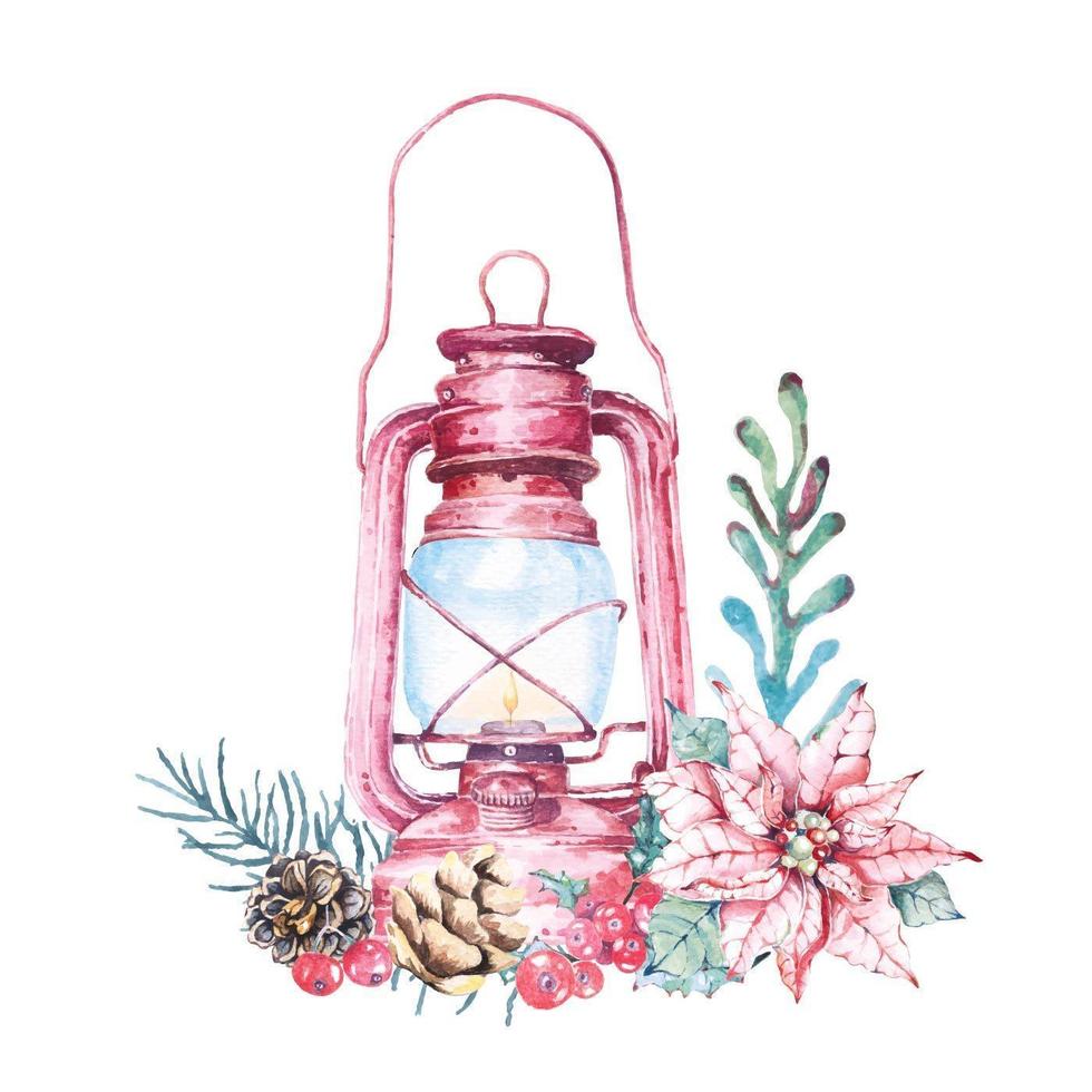 Watercolor Lantern and Foliage Christmas Composition vector