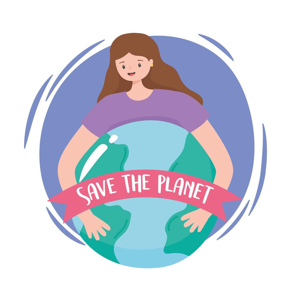 Young woman hugs Earth with save the planet banner vector