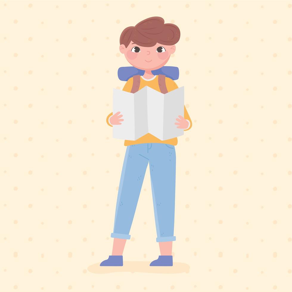 People traveling, young man backpacker with map vector