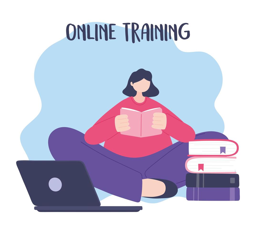 Online training, woman reading book with laptop vector