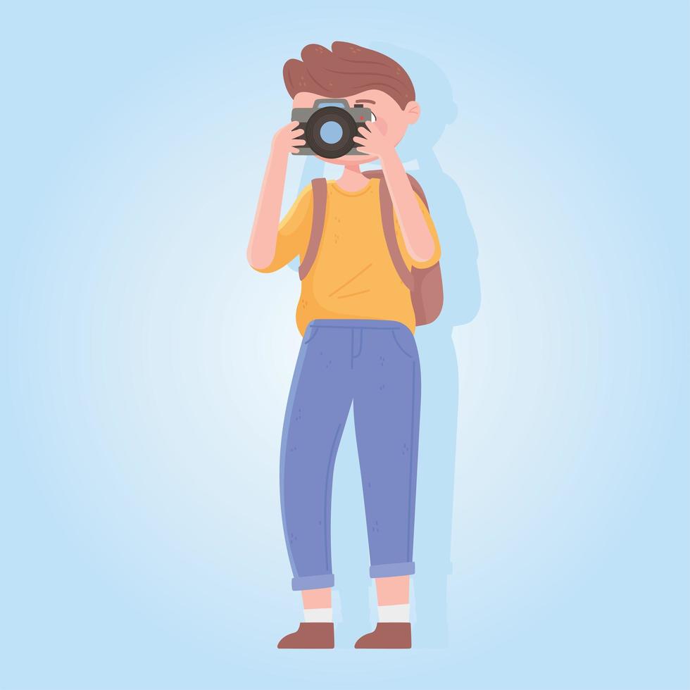 Man traveler with camera and backpack vector