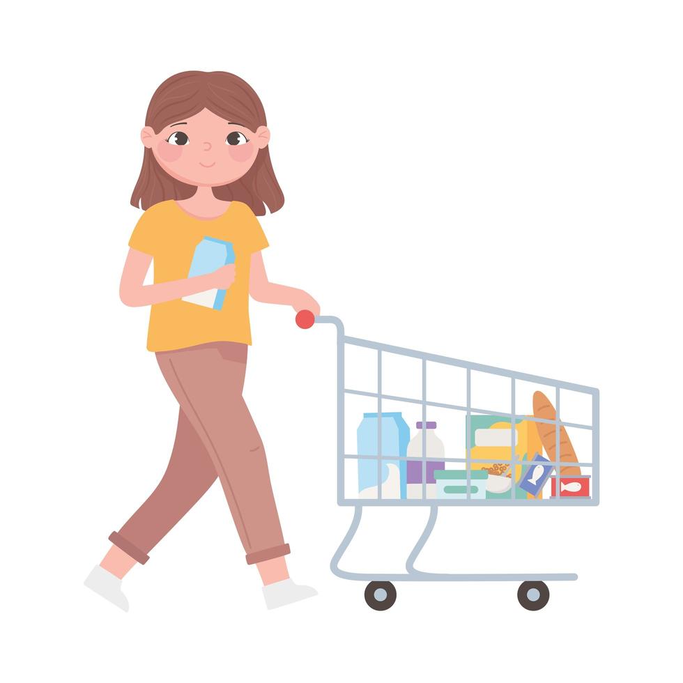 escena de rutina diaria, mujer con carrito de compras. vector