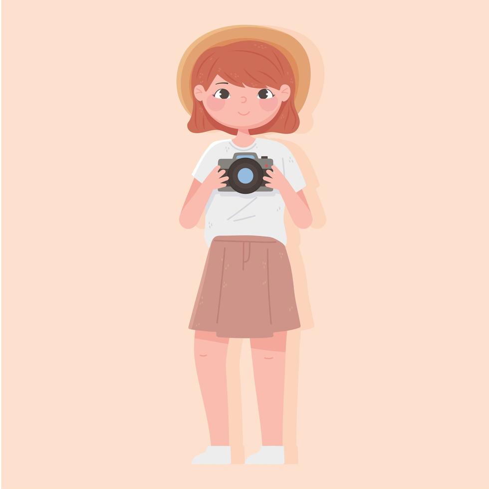 Woman tourist with hat and photo camera vector