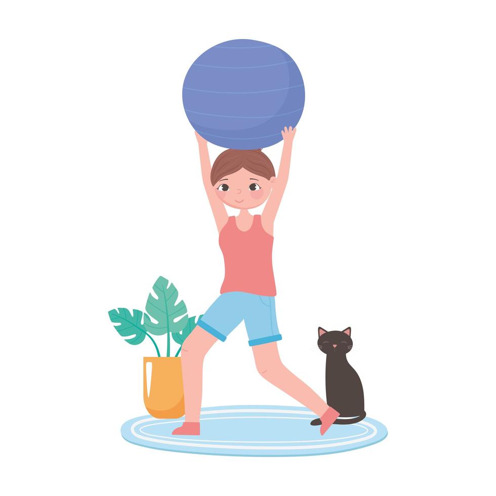 Chica practicando ejercicio con fitball y cat en la habitación. vector