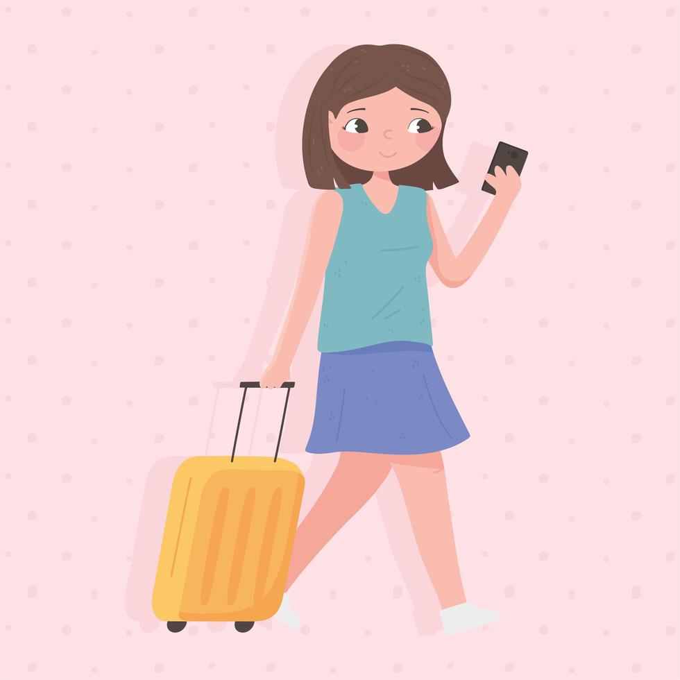 Woman tourist with suitcase using smartphone vector