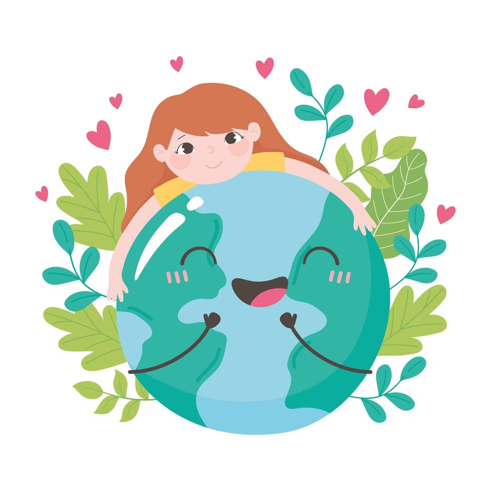 Little girl hugging earth with leaves and hearts vector