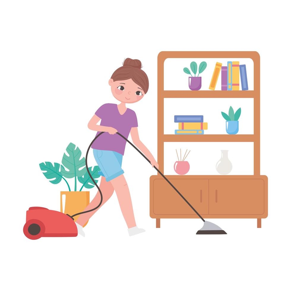 Girl cleaning with vacuum in the living room vector