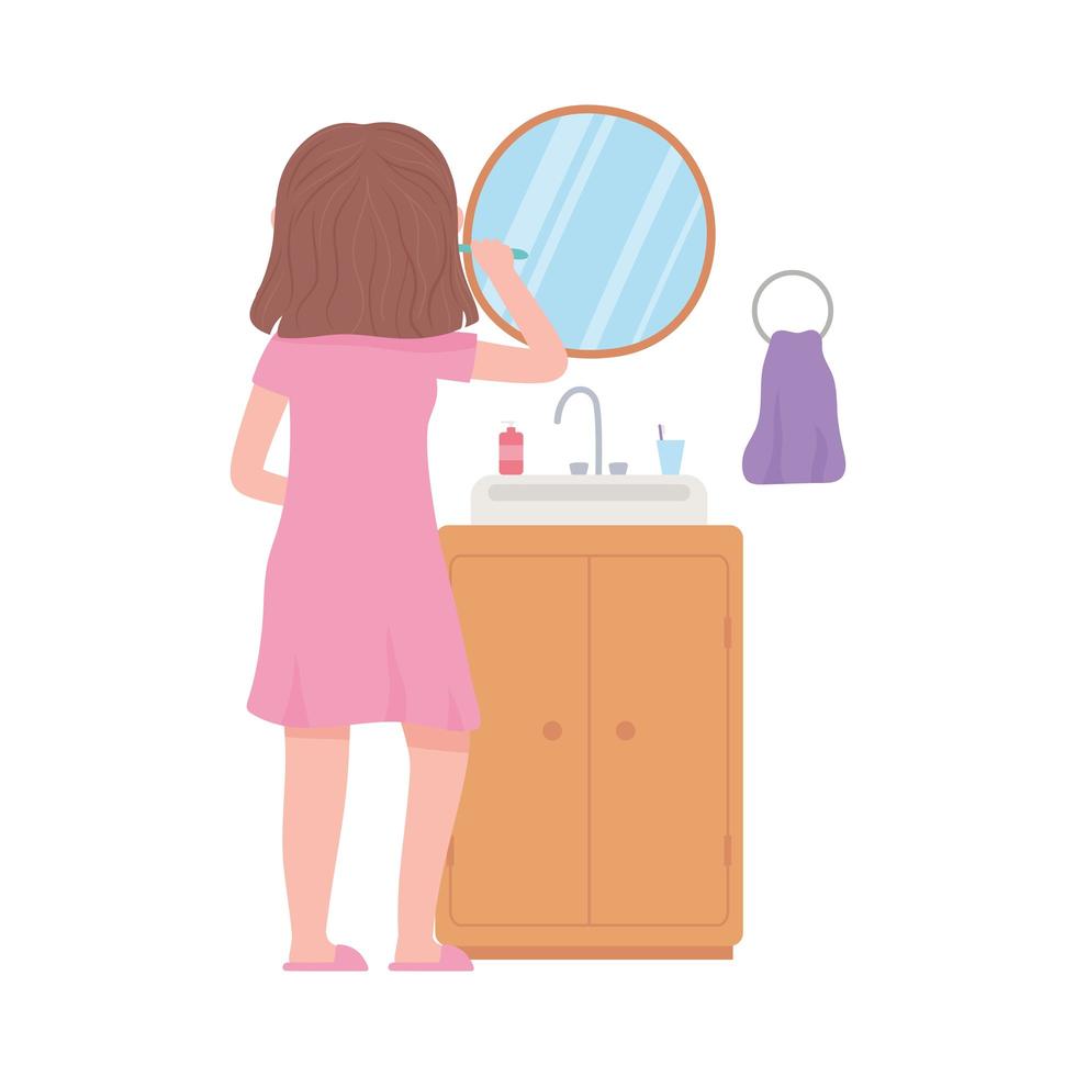 Daily routine scene, girl brushing her teeth in bathroom vector