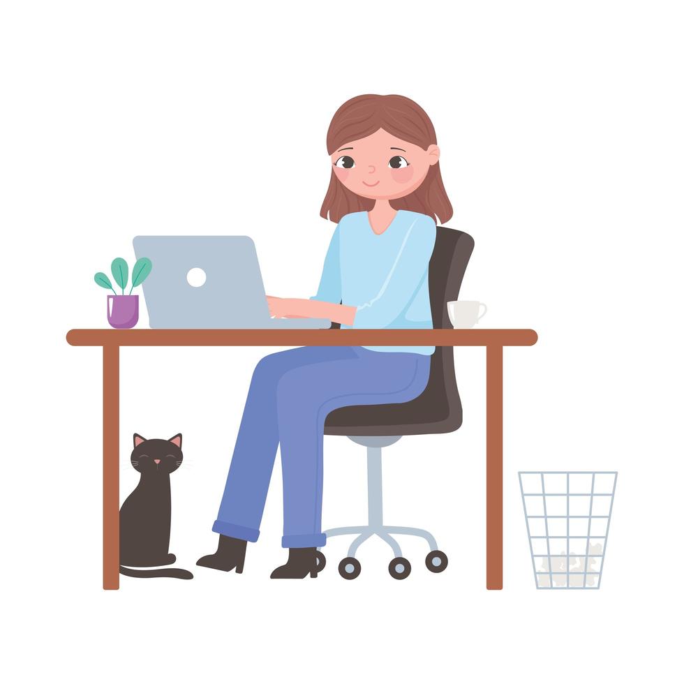 Daily routine scene, woman with laptop working at desk vector