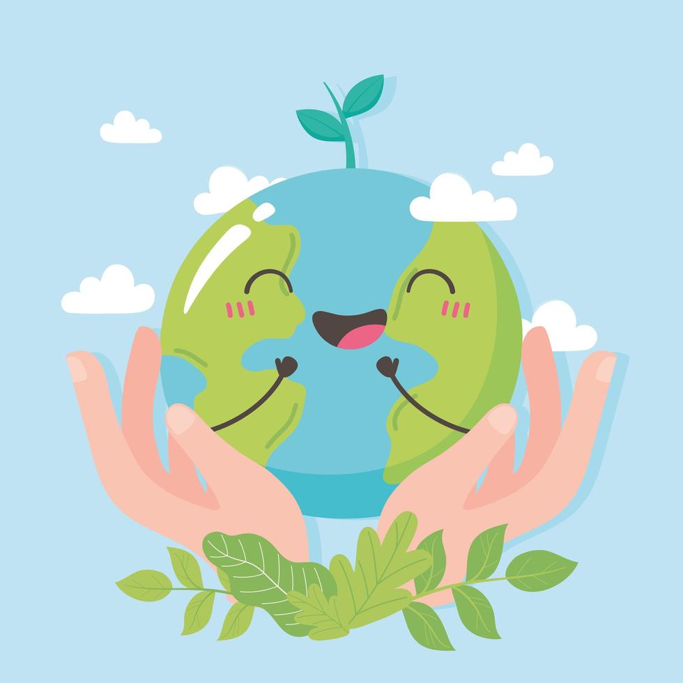 Hands with cute Earth and leaves cartoon vector