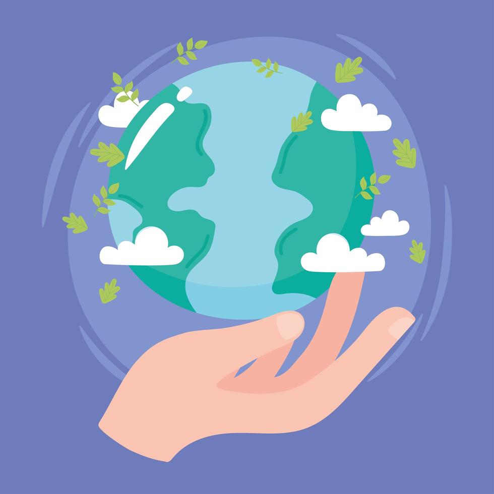 Hand holding world with leaves and clouds vector