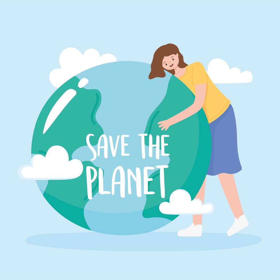 Save the planet, woman hugs Earth with clouds vector